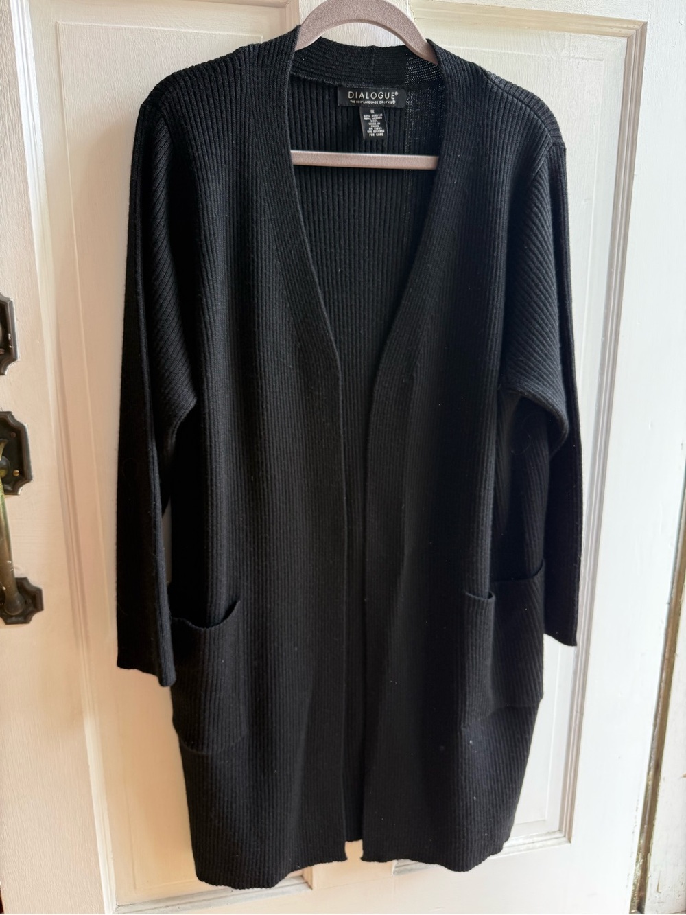 Dialogue Black Ribbed Merino Wool Open-Front Long Cardigan